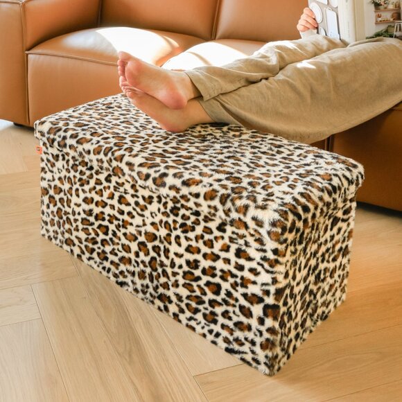 Go-Poufs Knock-Down Rectangular Faux Fur Storage Ottoman | Leopard - Picture 5 of 7